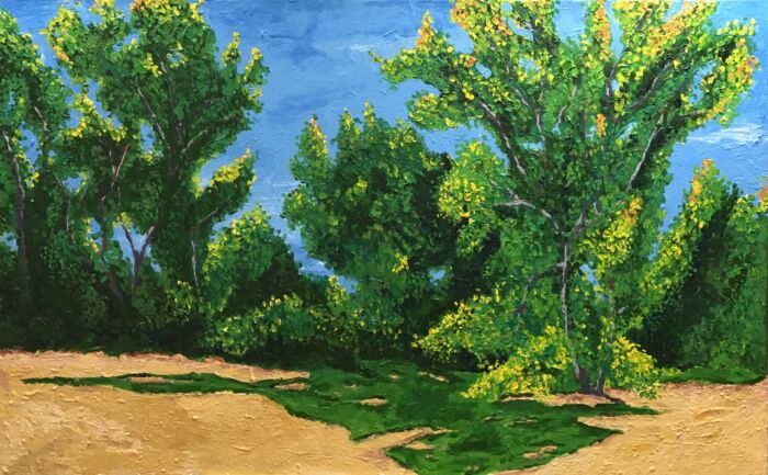 Early Fall Cottonwoods (Large) A large painting in acrylic of a grove of cottonwood trees in early fall at the southern end of the East Side Art Institute property in Erie, CO Size: 30×48 in. Wired for hanging