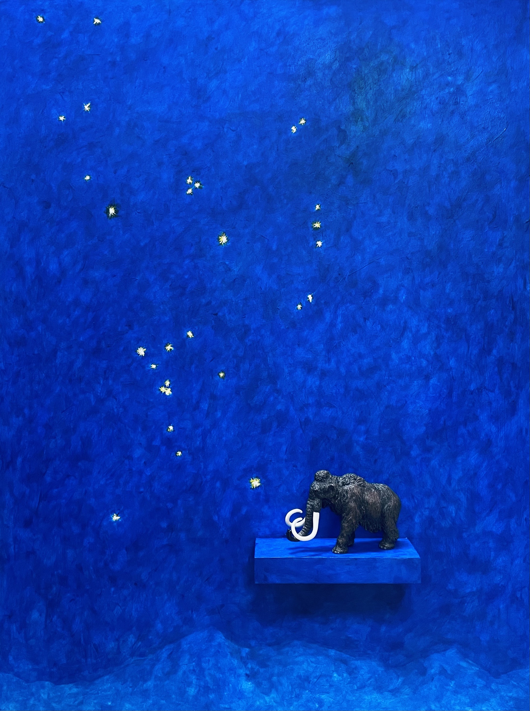 Orion and the Woolly Mammoth Acrylic Painting on Panel with Mammoth Model 36X48 in. 2022